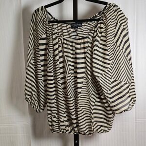 Vibe Women's XL Blouse Top Black Beige Stripes Sheer Balloon Sleeve Boho Elastic
